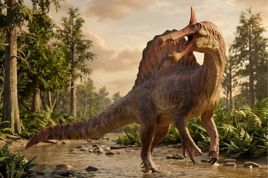 Reconstruction of Spinosaurus mirabilis with scimitar-shaped head crest wading in a Cretaceous river in Niger.