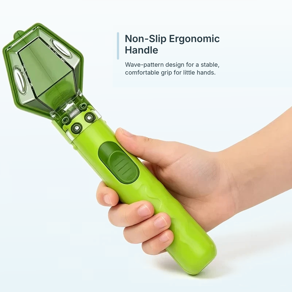Hand holding the bug catcher by its non-slip ergonomic handle