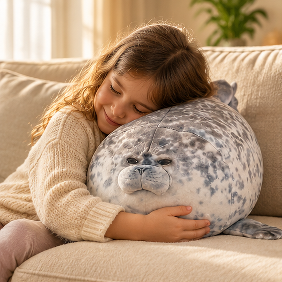 Girl hugging the chubby blob seal plush pillow on a sofa