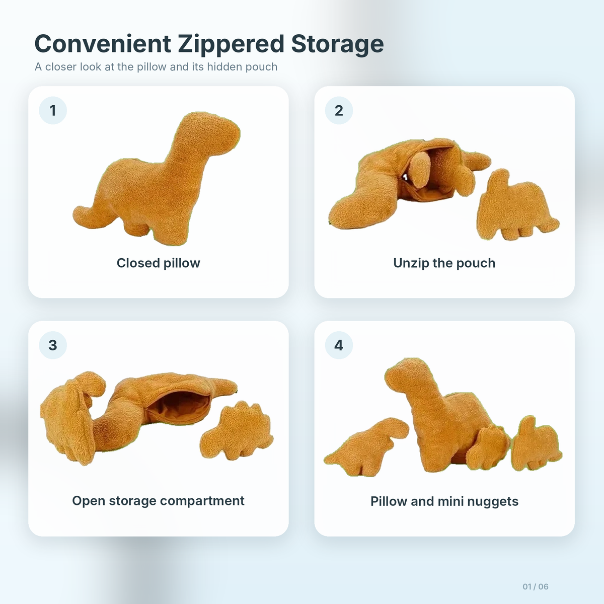 How the zipper storage works: closed pillow, unzip the pouch, open compartment, pillow and mini nuggets