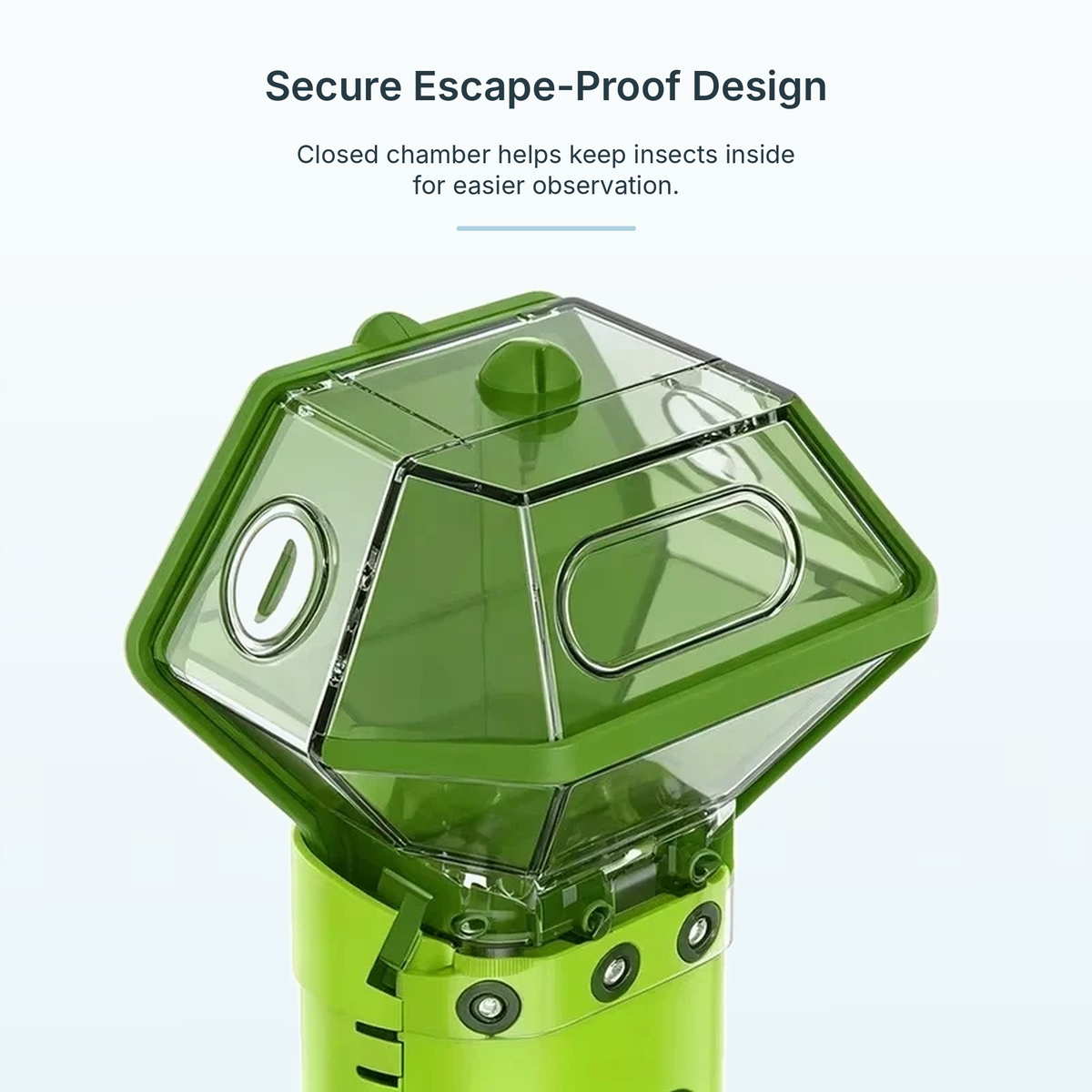 Escape-proof bug catcher chamber with air holes and 6x magnifier lens