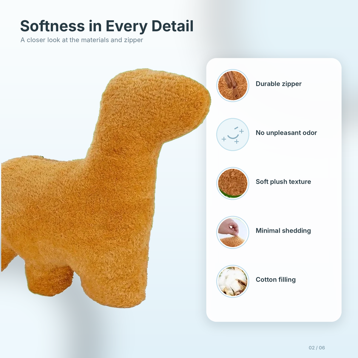 Dino nugget pillow details: durable zipper, soft plush texture, minimal shedding, cotton filling