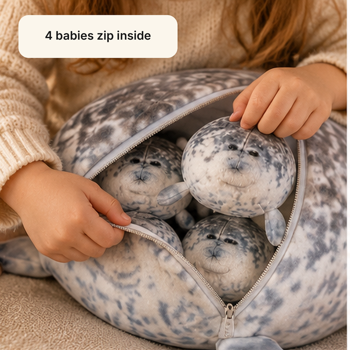 Hands unzipping the mama seal plush to show the baby seals inside