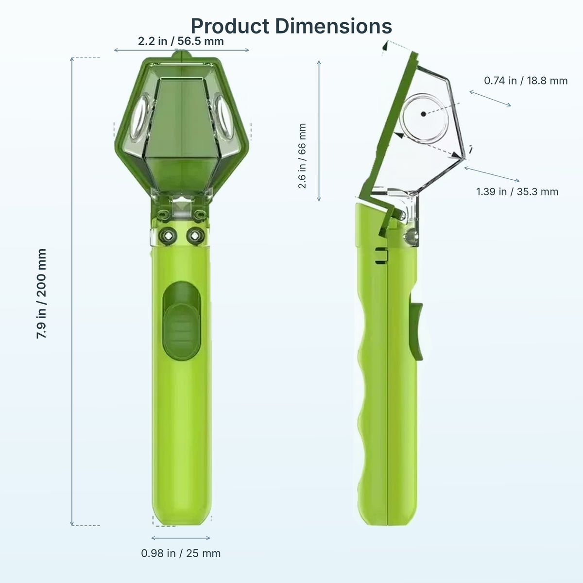 Bug catcher dimensions: length 20 cm / 7.9 in, chamber 5.7 x 6.6 cm / 2.2 x 2.6 in
