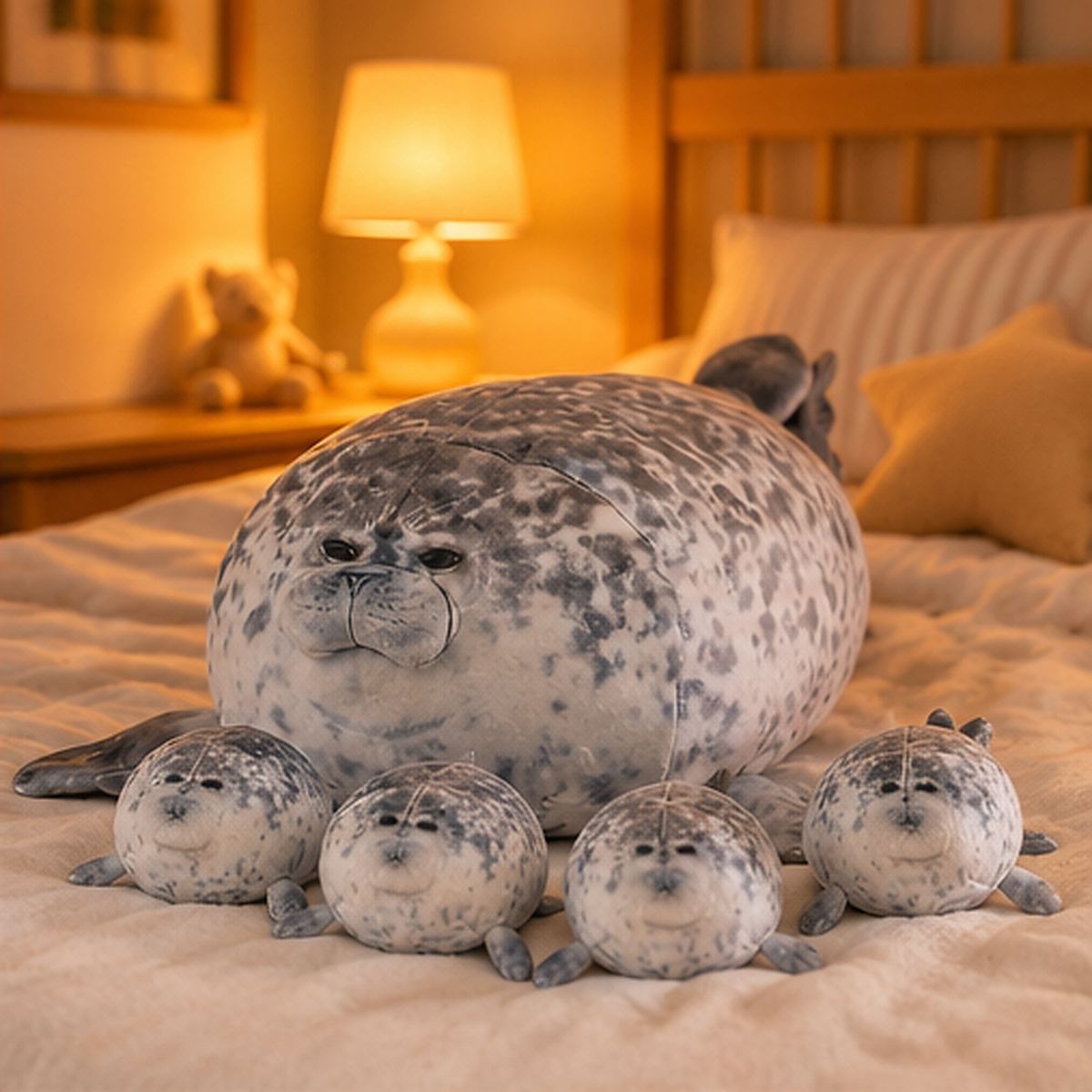Blob seal plush family on a bed at bedtime