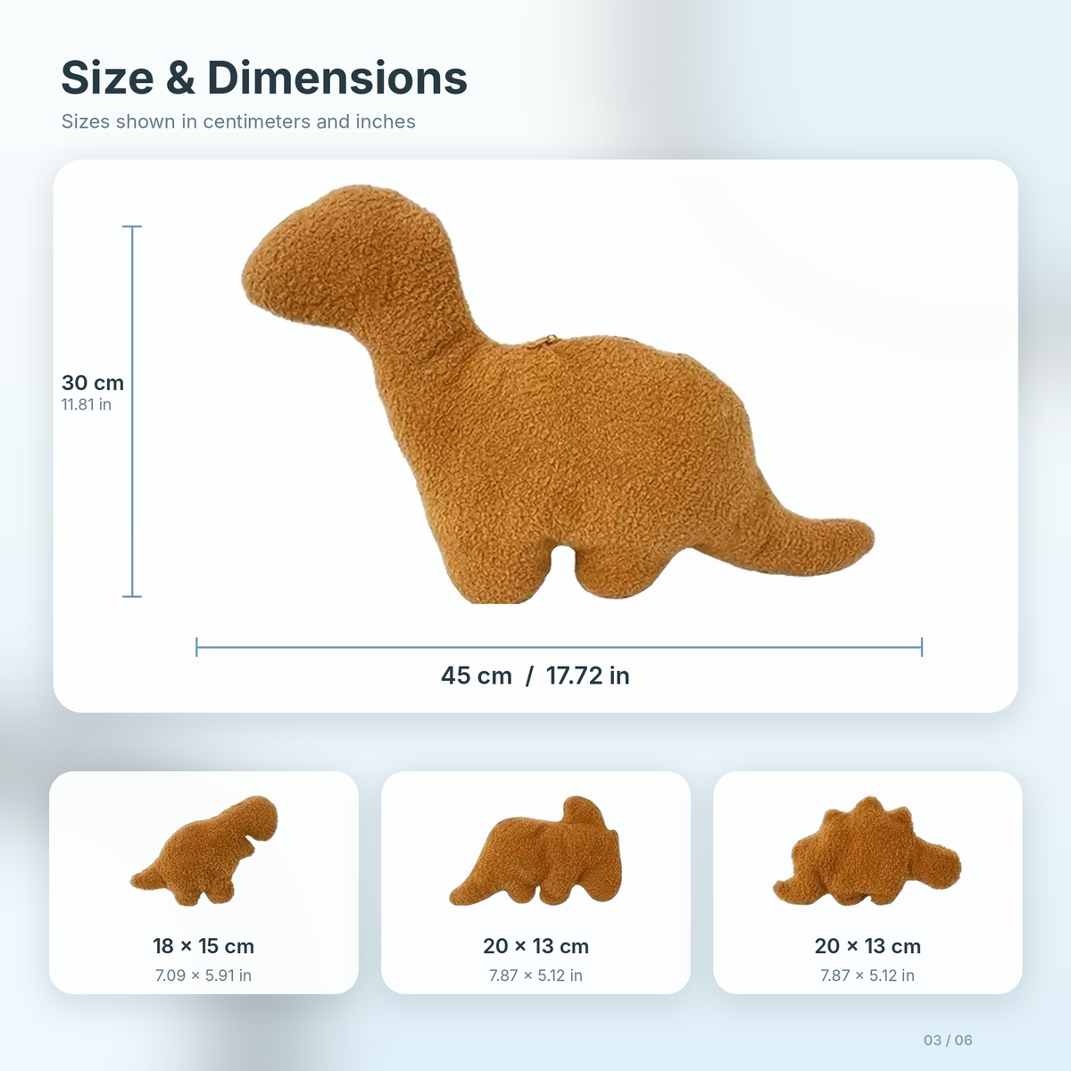 Dino nugget pillow size 45 cm / 17.72 in, minis 18 x 15 cm and 20 x 13 cm