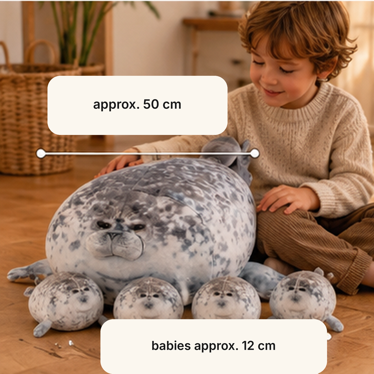 Boy next to the blob seal plush, mama approx. 50 cm and babies approx. 12 cm