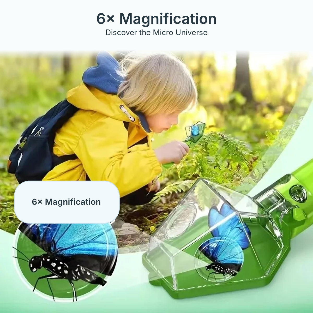 Child looking at a butterfly through the 6x magnifier of the bug catcher