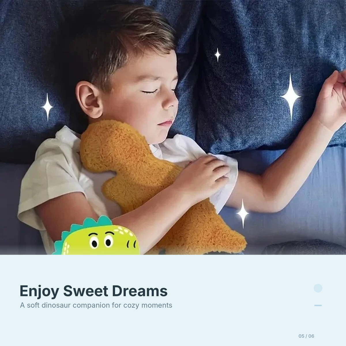 Boy sleeping with the dino nugget plush pillow