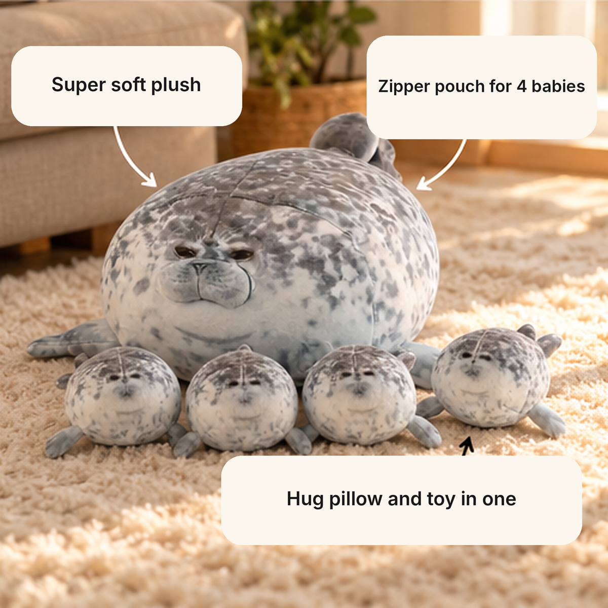 Blob seal plush features: super soft plush, zipper pouch for 4 babies, hug pillow and toy in one