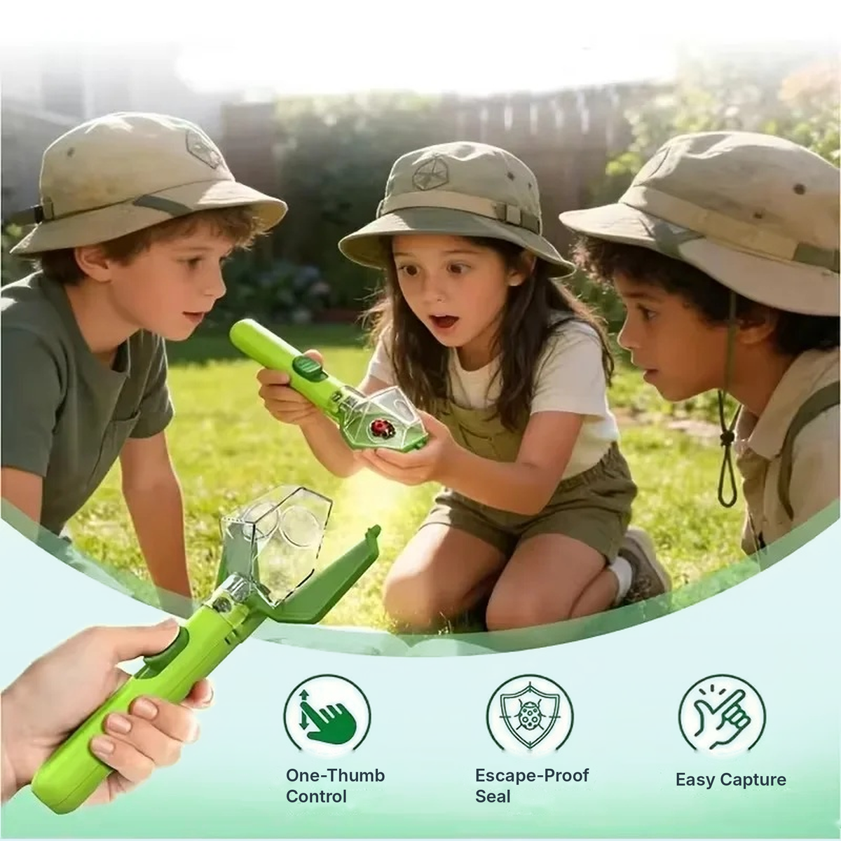 Three kids studying a ladybug in the bug catcher: one-thumb control, escape-proof seal, easy capture