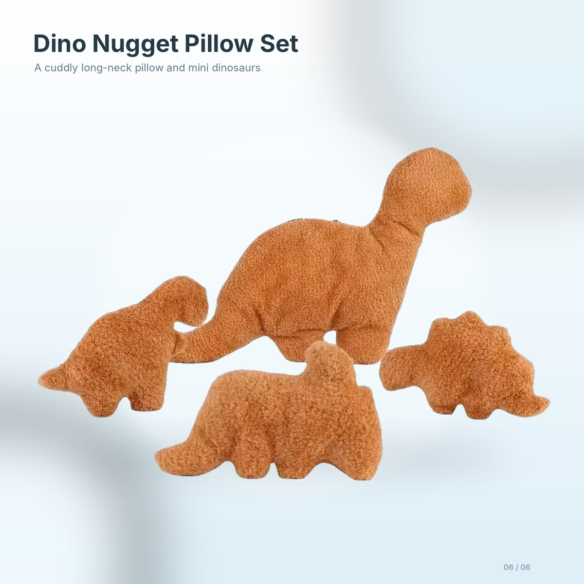 Dino nugget pillow set: long-neck pillow with 3 mini dinosaur nuggets