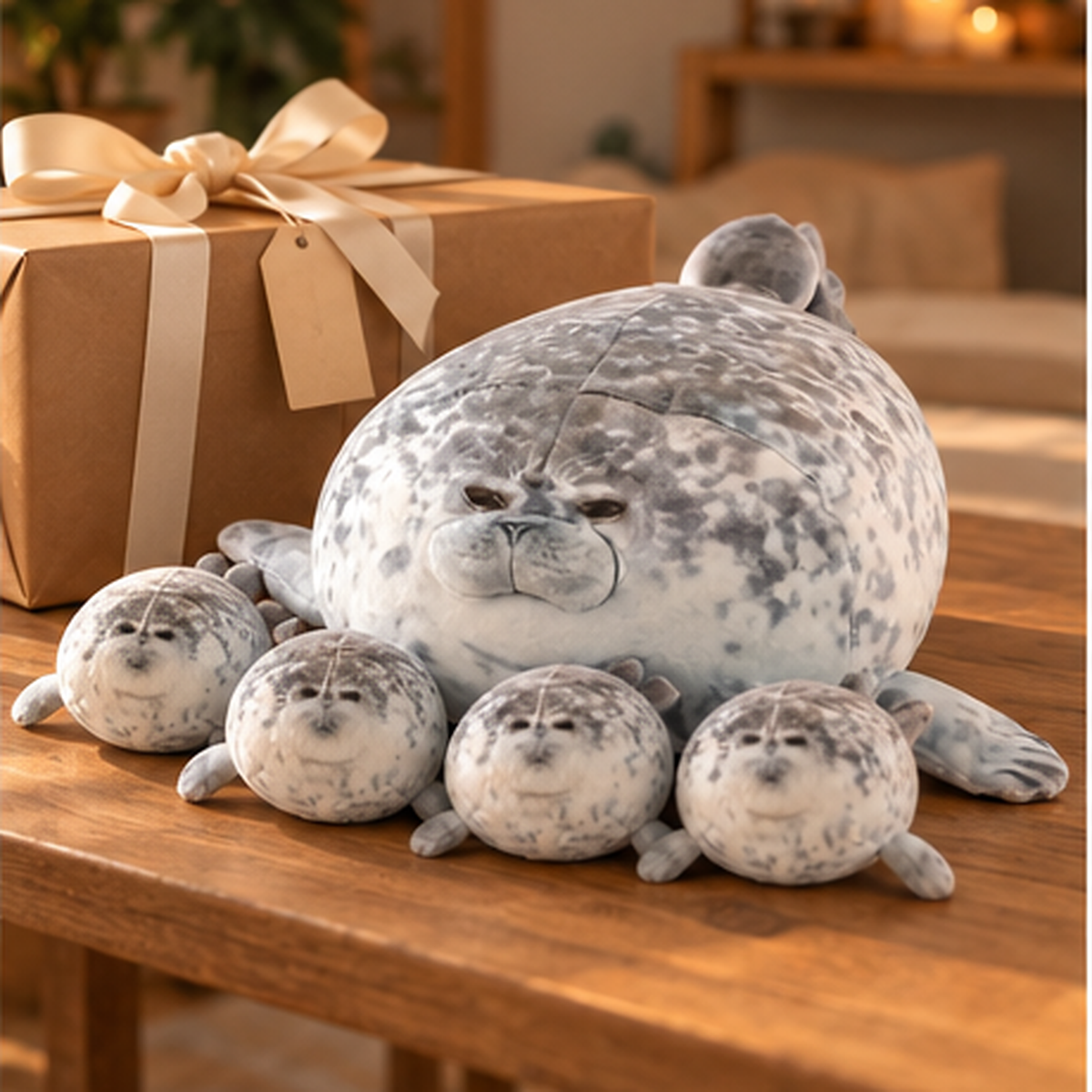 Blob seal plush with 4 baby seals as a gift next to a wrapped present