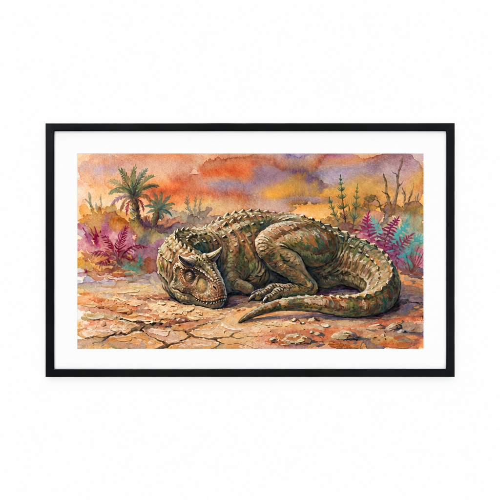 Carnotaurus Sleeping Dinosaurs poster: painted artwork of a sleeping Carnotaurus, framed