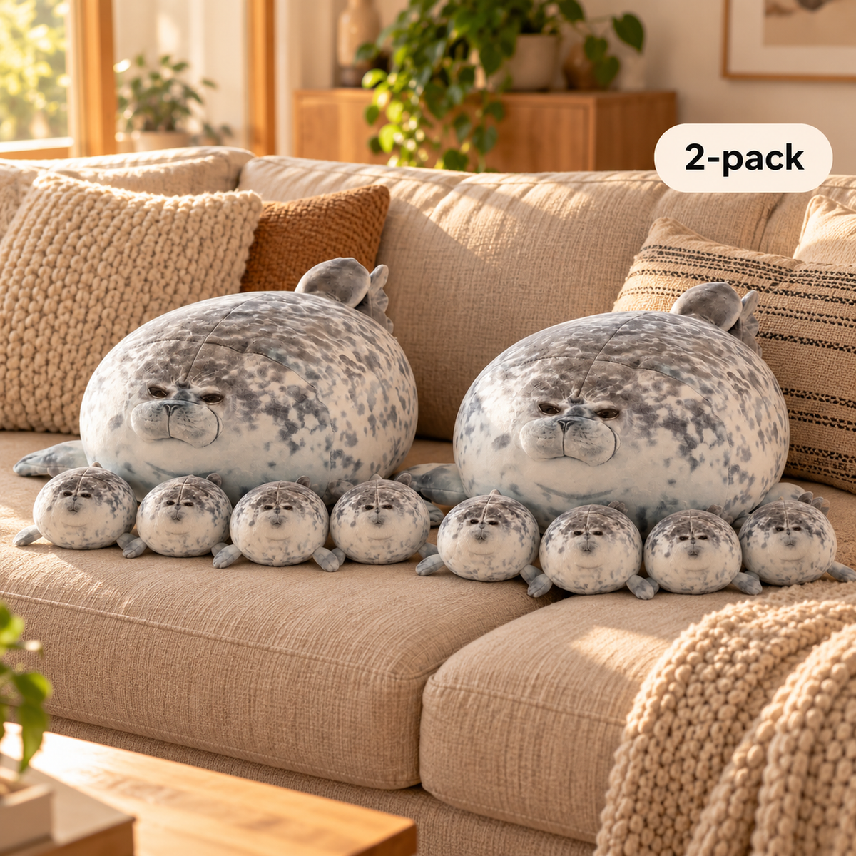 Blob seal plush 2-pack: 2 mama seals with 8 baby seals on a sofa