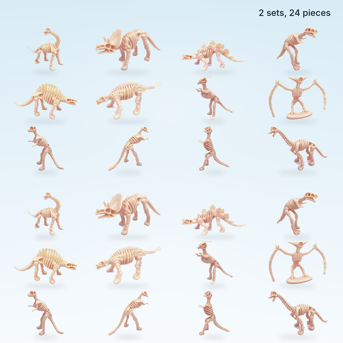 Mini dinosaur skeleton figures, 2 sets of 12 (24 pieces)