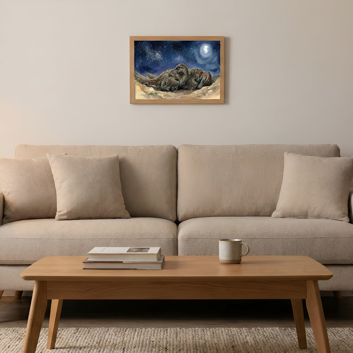Velociraptor Sleeping Dinosaurs poster in the small size hanging above a sofa in a living room