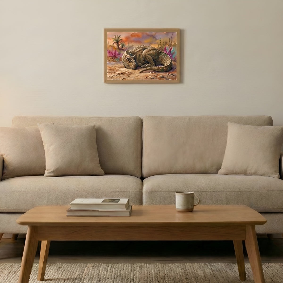 Carnotaurus Sleeping Dinosaurs poster in the small size hanging above a sofa in a living room