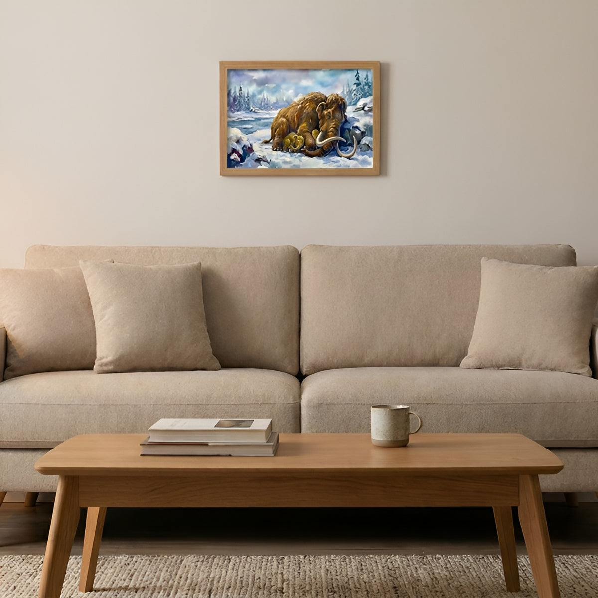 Woolly Mammoth sleeping dinosaur poster in the small size hanging above a sofa in a living room