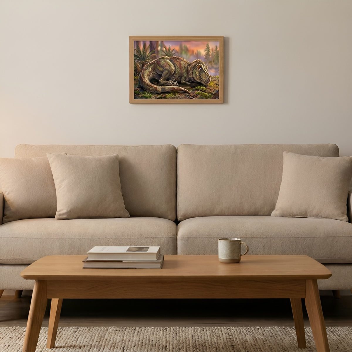 Tyrannosaurus rex Sleeping Dinosaurs poster in the small size hanging above a sofa in a living room