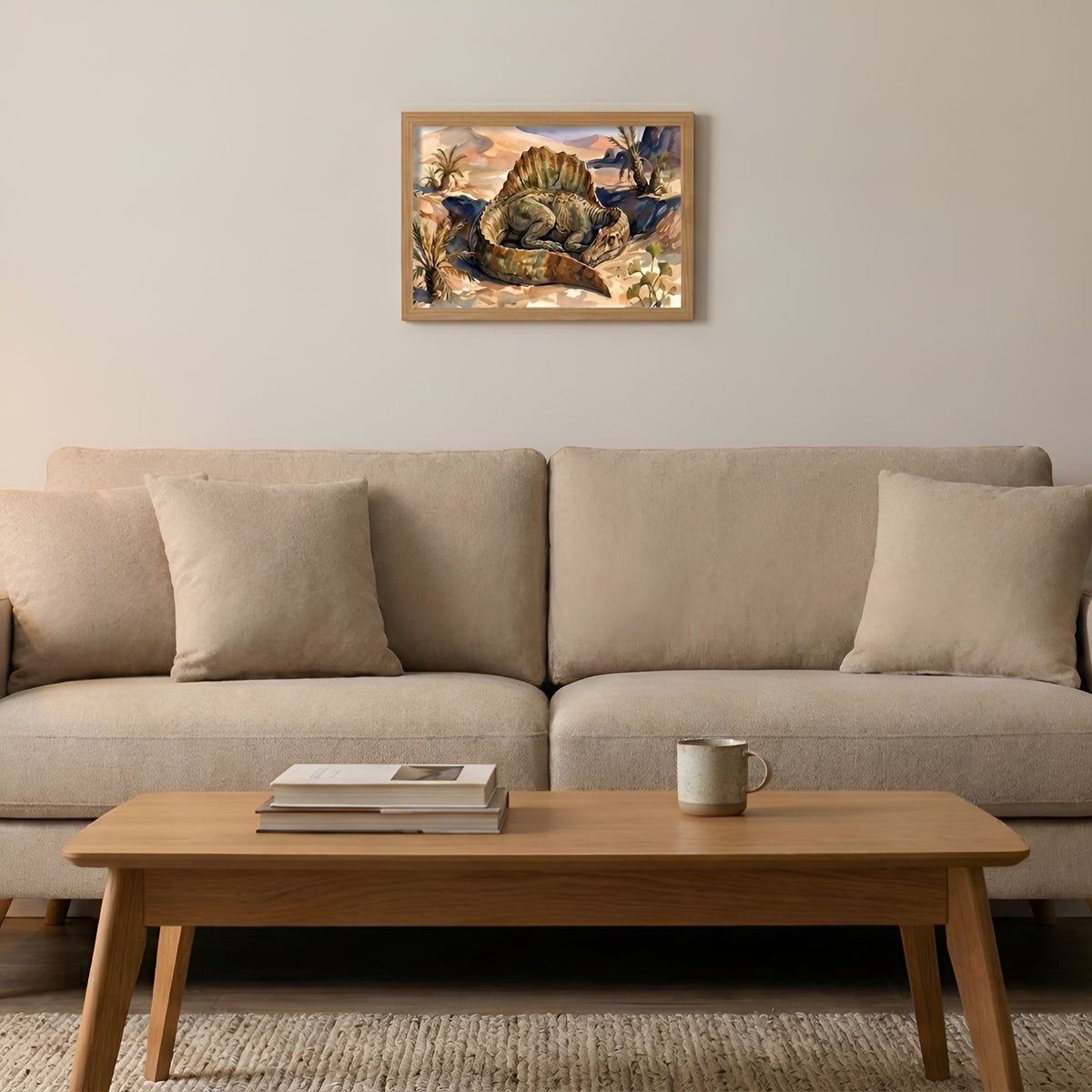 Spinosaurus Sleeping Dinosaurs poster in the small size hanging above a sofa in a living room