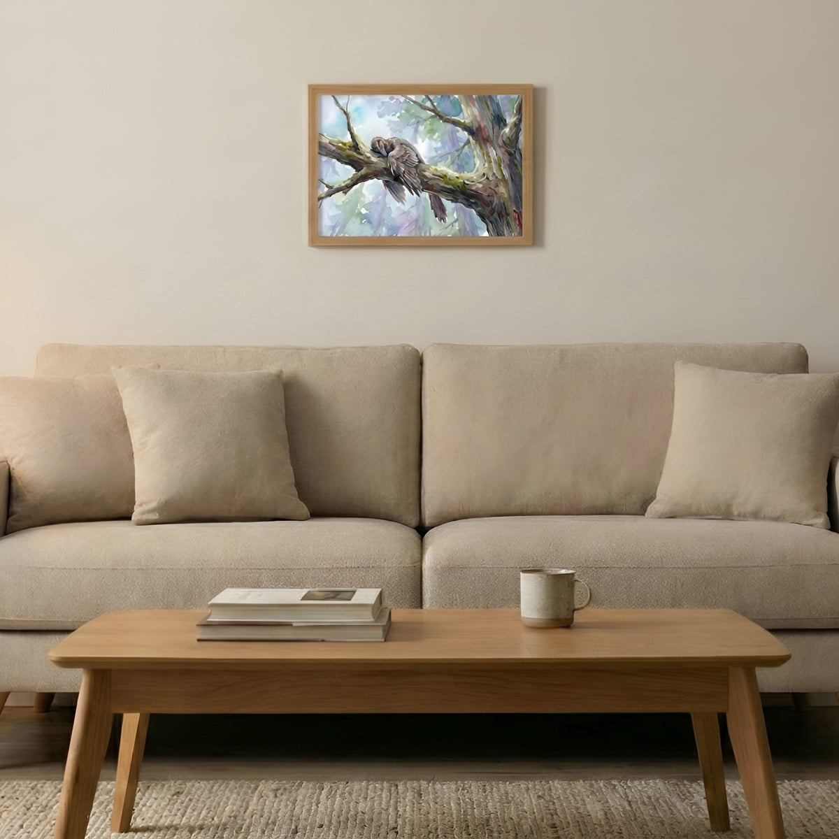 Archaeopteryx Sleeping Dinosaurs poster in the small size hanging above a sofa in a living room