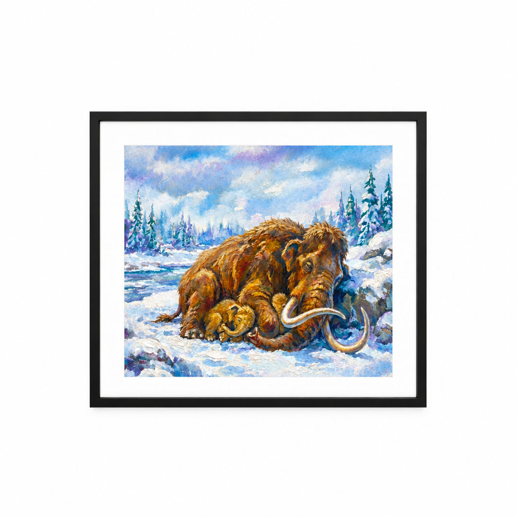 Woolly Mammoth Sleeping Dinosaurs poster: painted artwork of a sleeping woolly mammoth, framed