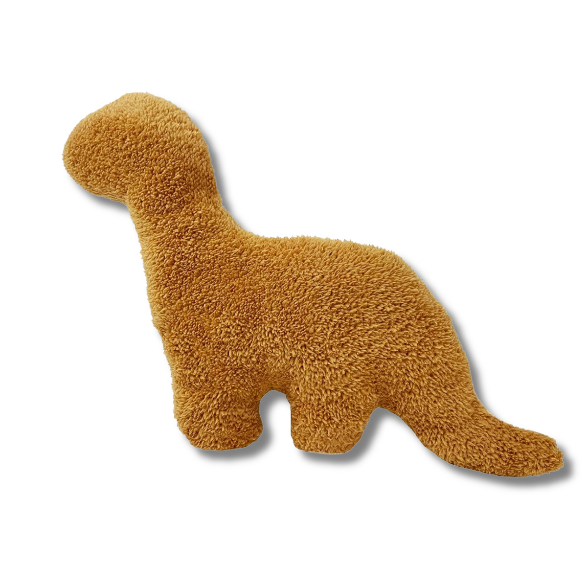 Brontosaurus dinosaur chicken nugget plush pillow with long neck and tail, side view