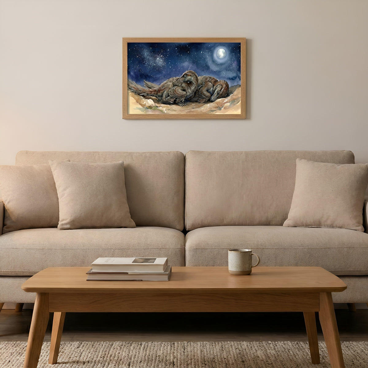 Velociraptor Sleeping Dinosaurs poster in the medium size hanging above a sofa in a living room
