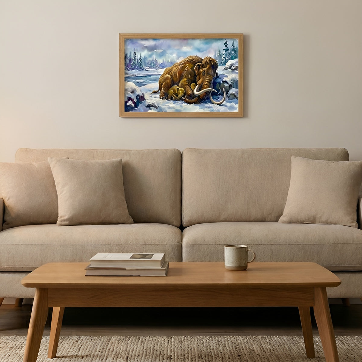 Woolly Mammoth sleeping dinosaur poster in the medium size hanging above a sofa in a living room