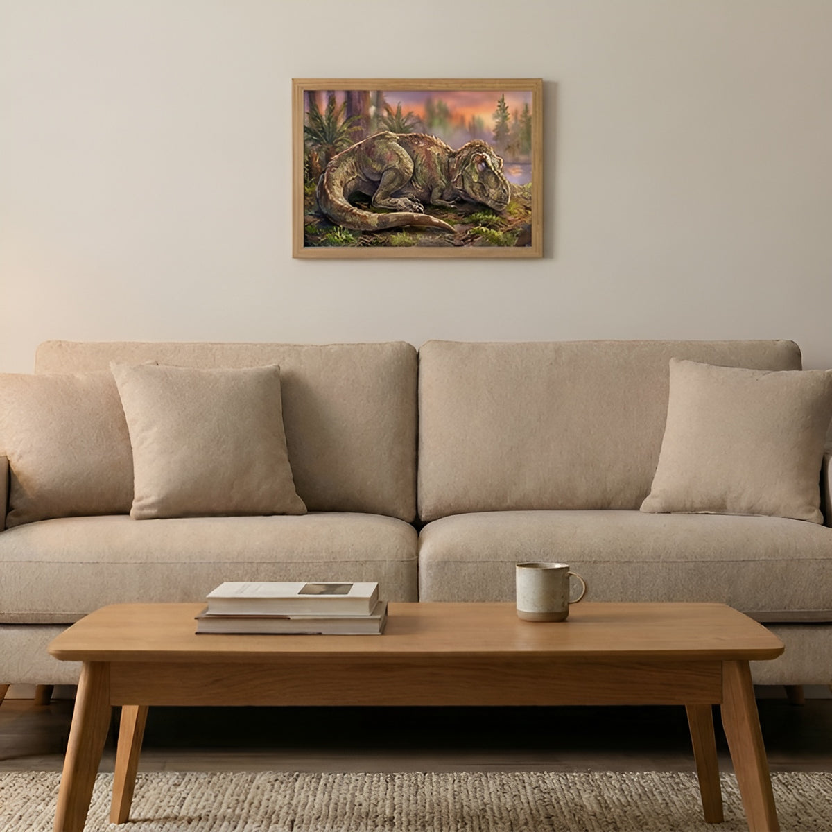 Tyrannosaurus rex Sleeping Dinosaurs poster in the medium size hanging above a sofa in a living room