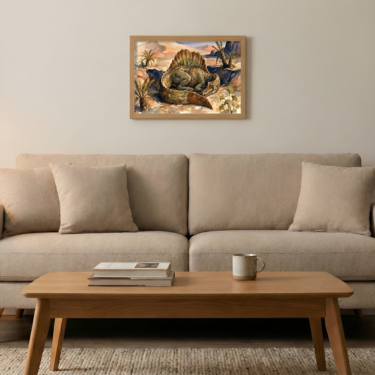 Spinosaurus Sleeping Dinosaurs poster in the medium size hanging above a sofa in a living room