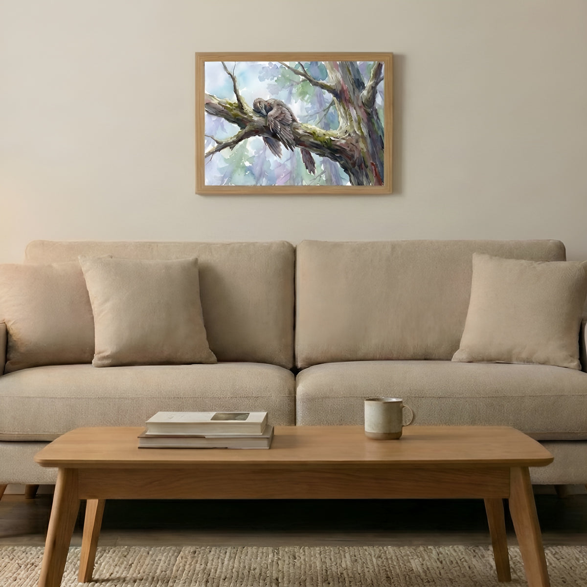Archaeopteryx Sleeping Dinosaurs poster in the medium size hanging above a sofa in a living room