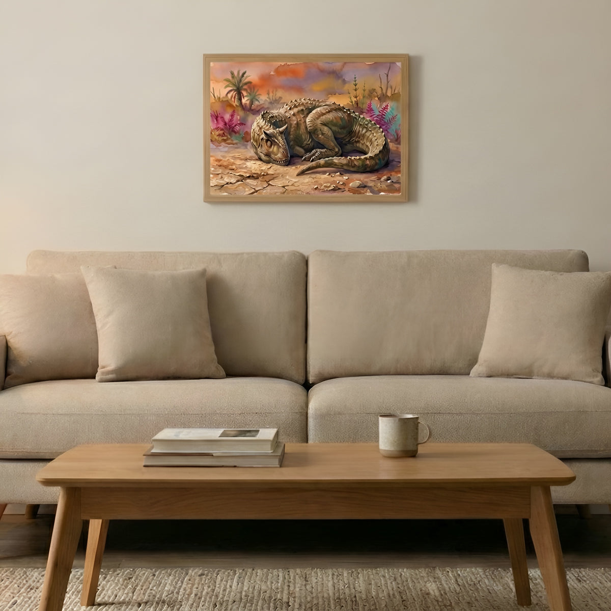 Carnotaurus Sleeping Dinosaurs poster in the medium size hanging above a sofa in a living room