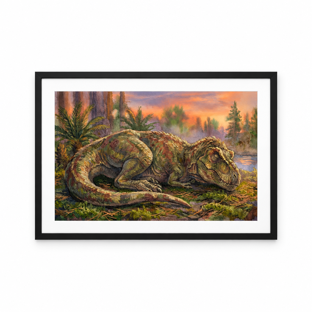 Tyrannosaurus rex Sleeping Dinosaurs poster: painted artwork of a sleeping T. rex, framed