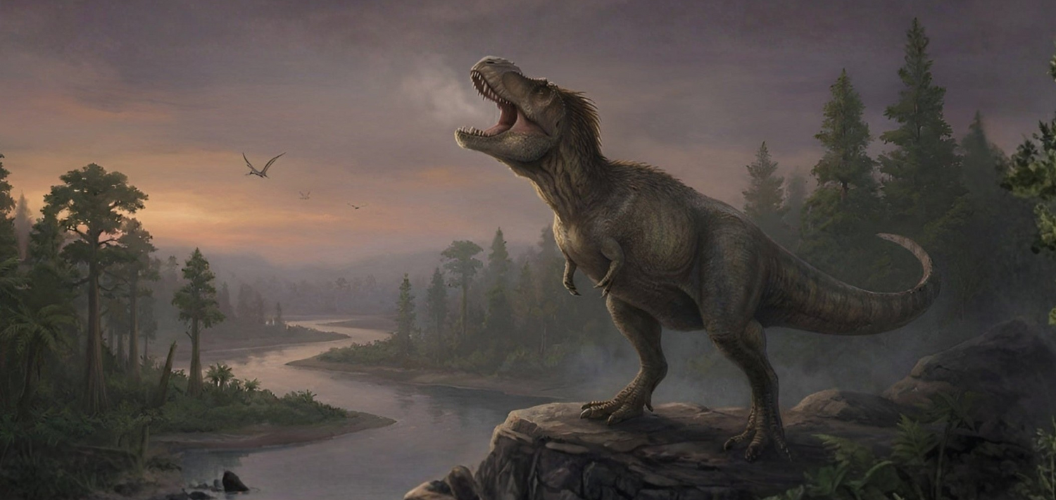 Dinosaur standing on a rock with a forest and river in the background