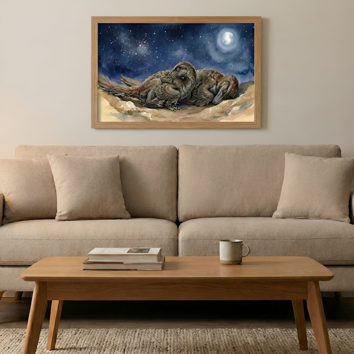 Velociraptor Sleeping Dinosaurs poster in the large size hanging above a sofa in a living room
