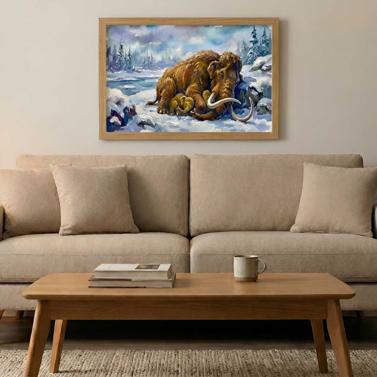 Woolly Mammoth sleeping dinosaur poster in the large size hanging above a sofa in a living room