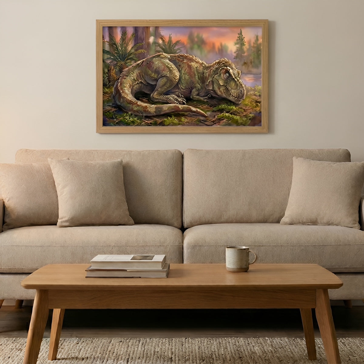 Tyrannosaurus rex Sleeping Dinosaurs poster in the large size hanging above a sofa in a living room
