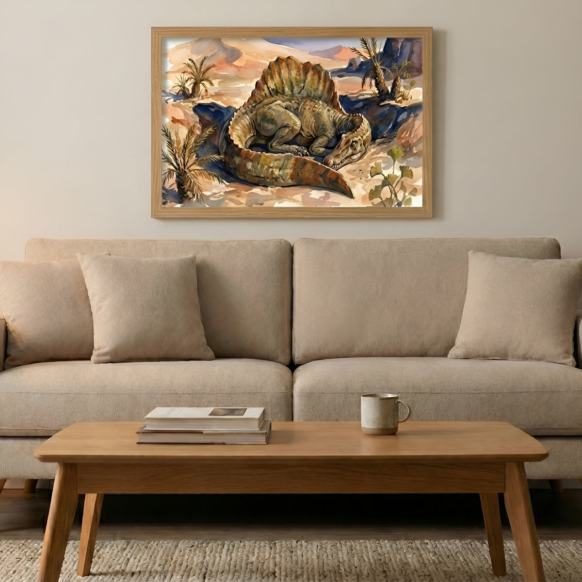 Spinosaurus Sleeping Dinosaurs poster in the large size hanging above a sofa in a living room