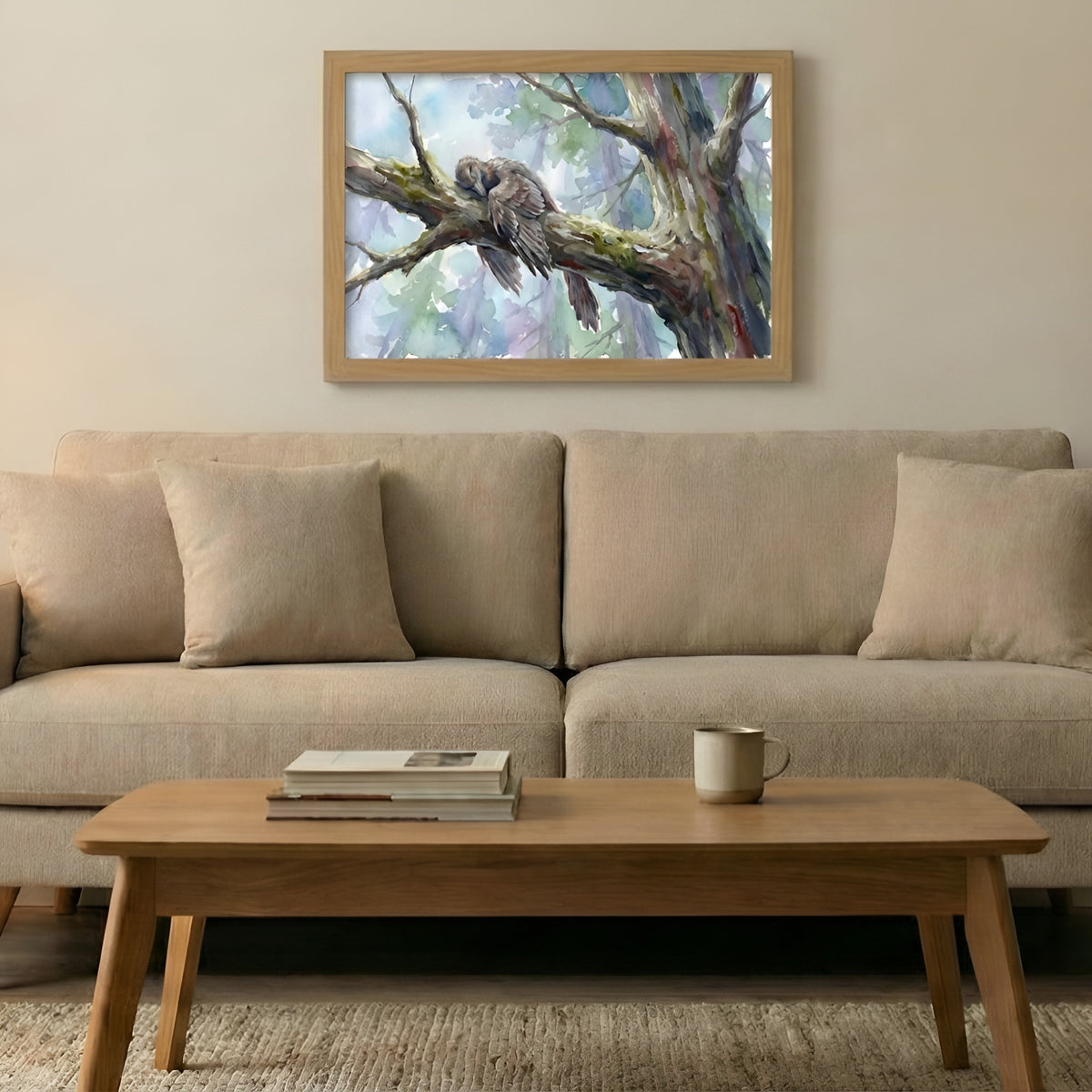 Archaeopteryx Sleeping Dinosaurs poster in the large size hanging above a sofa in a living room