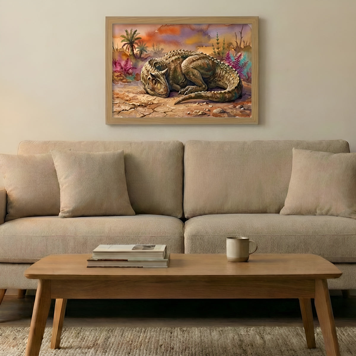 Carnotaurus Sleeping Dinosaurs poster in the large size hanging above a sofa in a living room