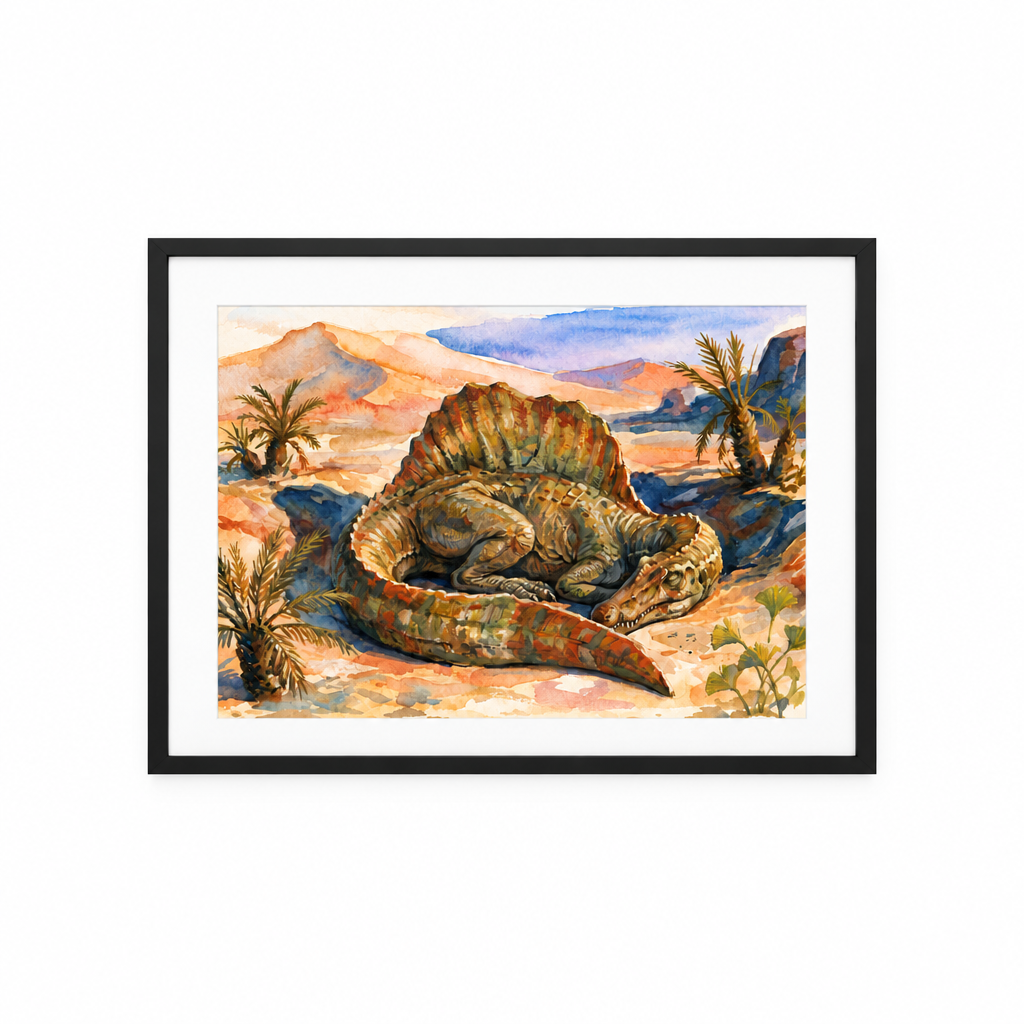 Spinosaurus Sleeping Dinosaurs poster: painted artwork of a sleeping Spinosaurus aegyptiacus, framed