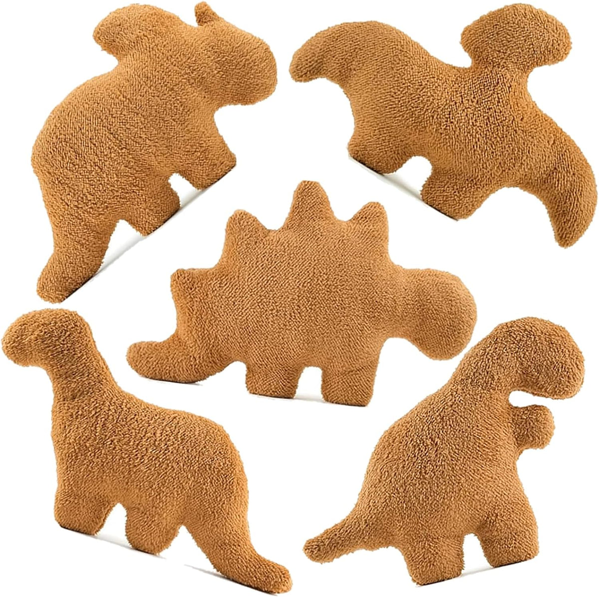 Soft plush dinosaur nugget pillows in five dinosaur shapes with a fluffy golden nugget texture