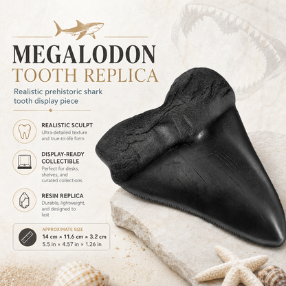 Megalodon tooth replica product image with black fossil-style shark tooth display piece
