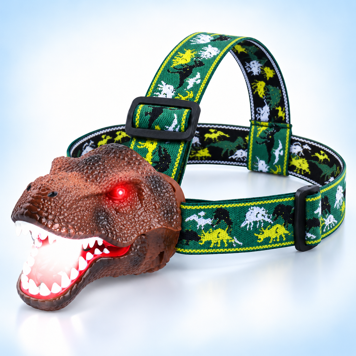 Brown T. rex dinosaur headlamp for kids with dinosaur print headband