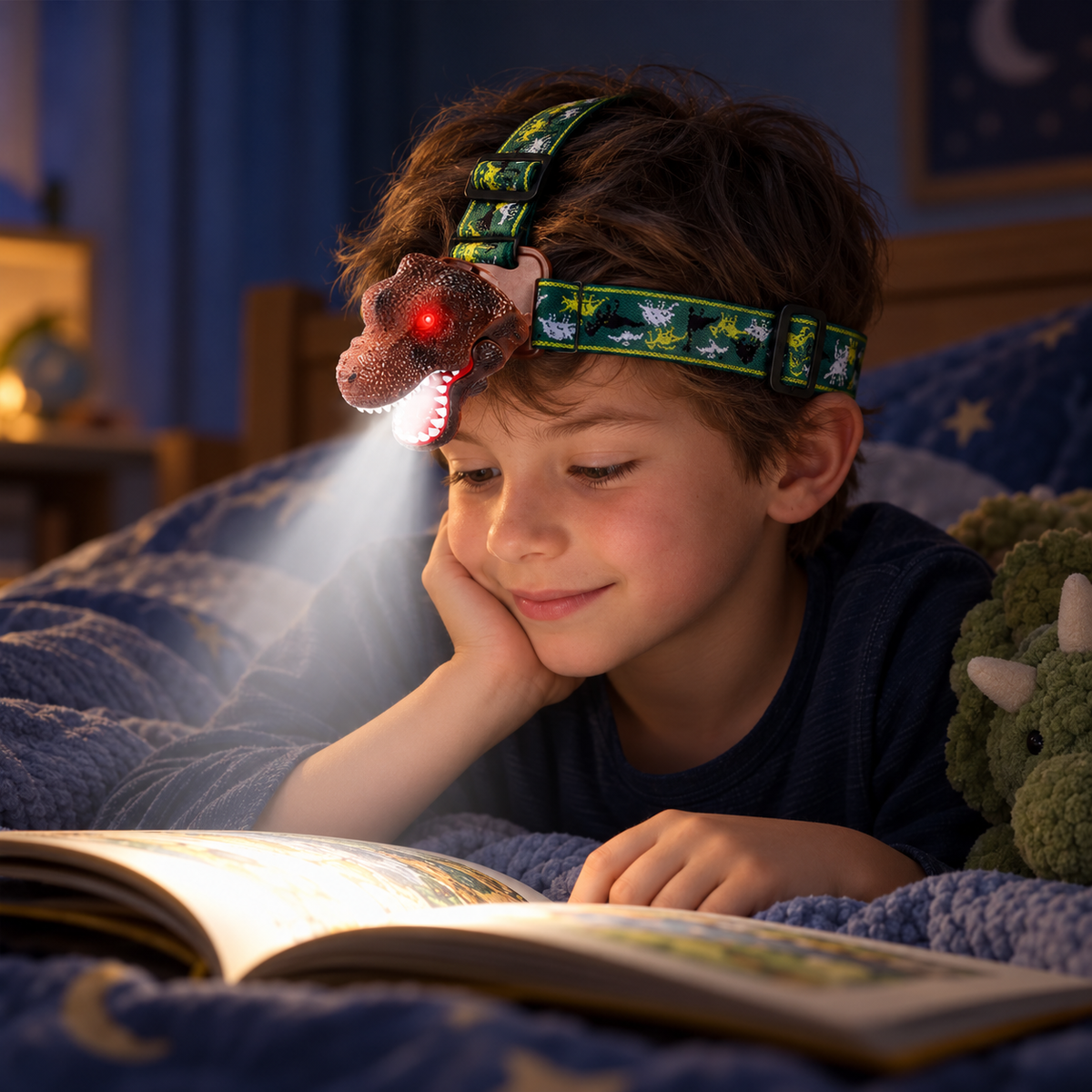 Boy reading in bed with the dinosaur headlamp