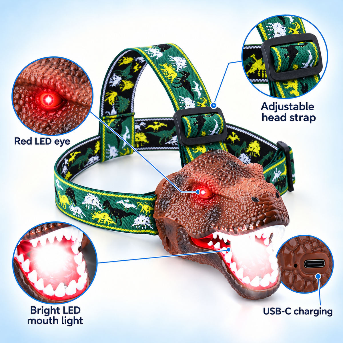 T. rex headlamp details: red LED eye, bright LED mouth light, adjustable head strap, USB-C charging