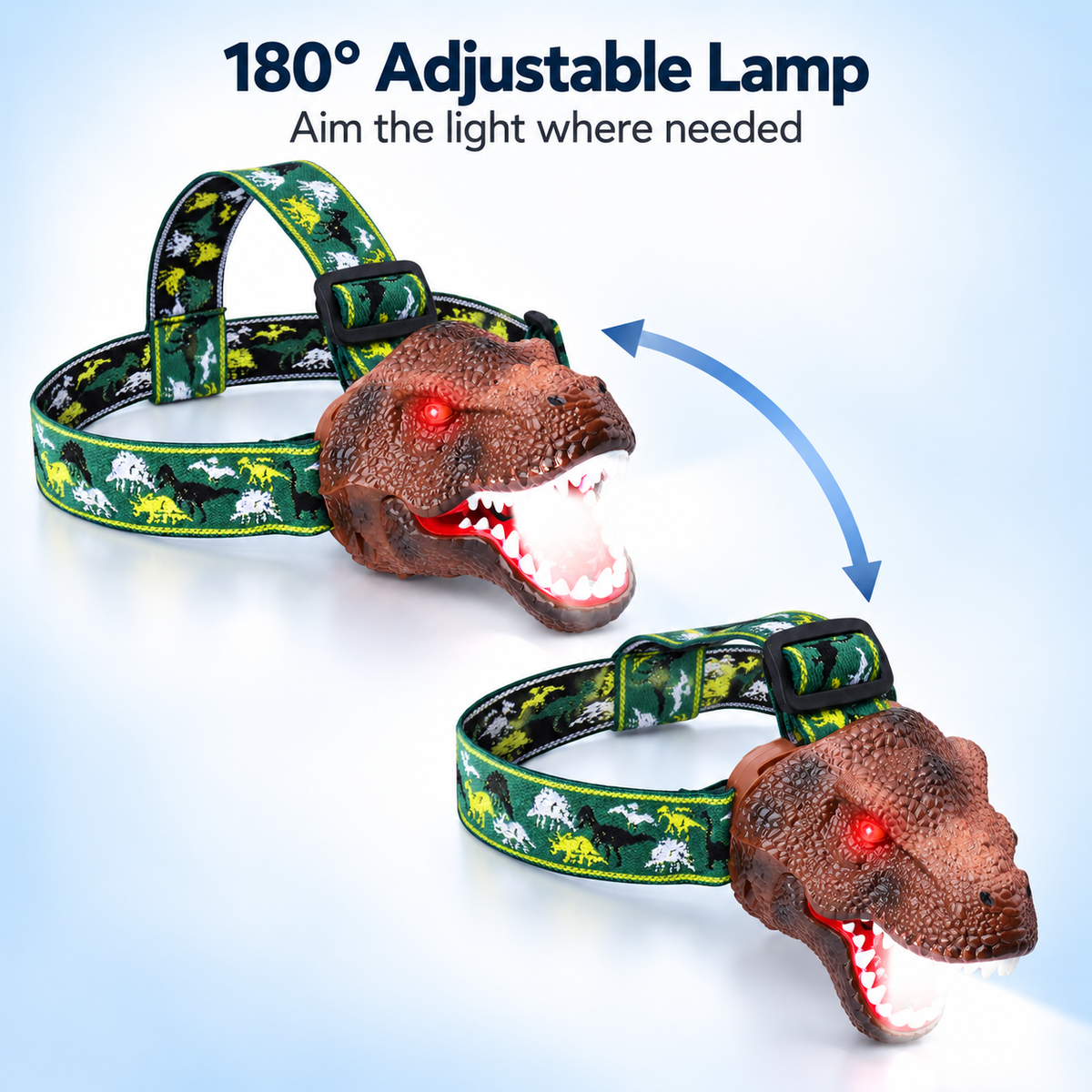 Dinosaur headlamp tilts to aim the light where you need it