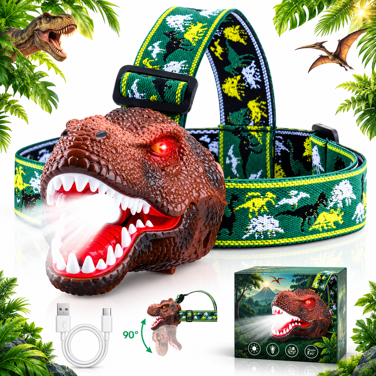 T. rex headlamp with USB-C charging cable and gift box